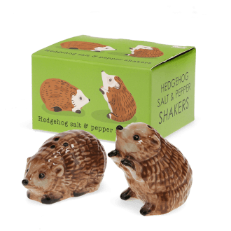 Hedgehog‑shaped ceramic salt and pepper shakers with gift box.