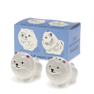 Dog‑shaped ceramic salt and pepper shakers with gift box.