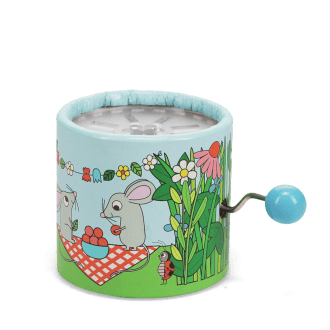 Garden‑themed winding music box with illustrated mice, flowers, and plants, featuring a blue turning handle.