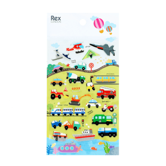 Sheet of colourful vehicle-themed puffy stickers featuring cars, trucks, trains, planes, and boats