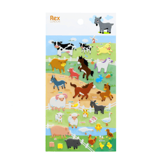 Sheet of colourful 3D puffy farm animal stickers including cows, pigs, sheep, horses, chickens, ducks .