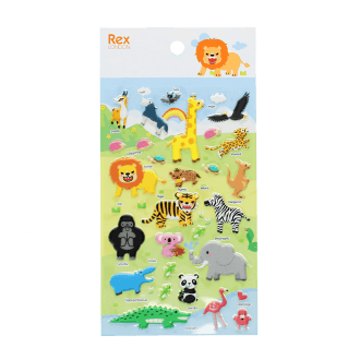 Sheet of colourful 3D puffy safari animal stickers featuring lions, giraffes, elephants, zebras, monkeys, crocodiles 