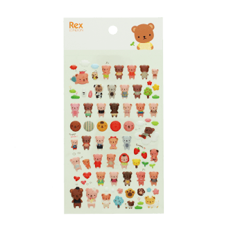 Sheet of colourful 3D puffy stickers featuring cute teddy bear characters in different outfits and poses, with small hearts, fruit, clouds .