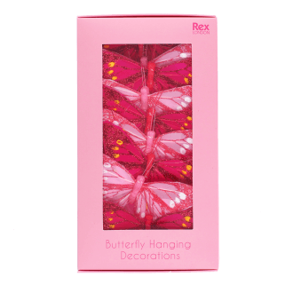 Butterfly hanging decorations in a pink gift box.