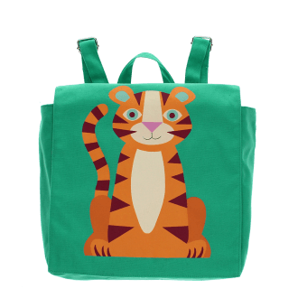 Green children’s backpack with colorful tiger design.