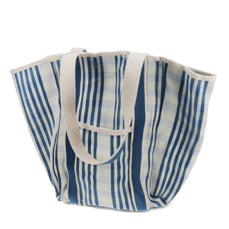 Blue and white striped woven tote bag with canvas handles.