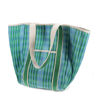 Blue and green striped woven tote bag with canvas handles.