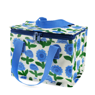 Insulated lunch bag with a blue floral pattern and blue handles.