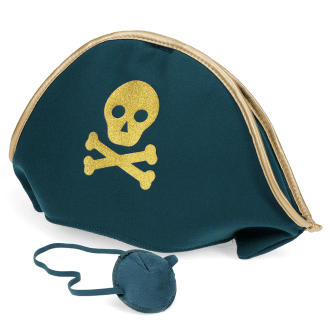 Pirate hat with a gold skull-and-crossbones design, shown with a matching eye patch.