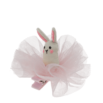 Pink hair clip featuring a small fabric bunny with embroidered details