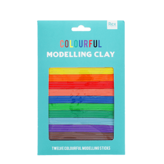 Pack of twelve colourful modelling clay sticks in a turquoise display box.