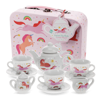 Unicorn ceramic tea set with cups, teapot, and a pink unicorn suitcase.