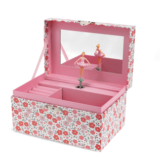 Open floral musical jewellery box with mirror, compartments, and spinning dancer.