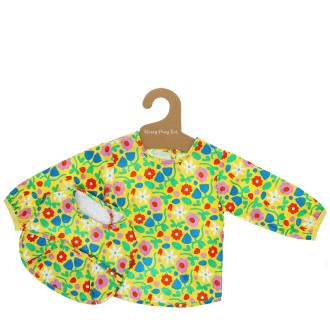 Bright floral bib and vest set on hanger with matching colourful pattern
