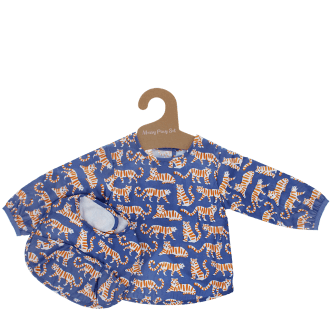 Purple tiger‑print bib and vest set displayed on a hanger.