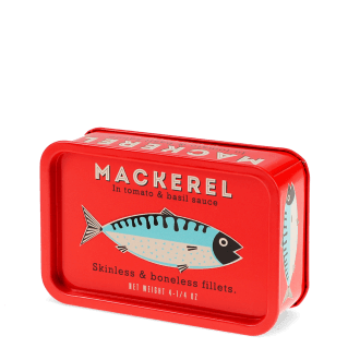 Red mini storage tin with an illustrated mackerel fish on the front.