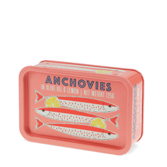 Pink mini storage tin with an illustrated anchovies fish on the front.