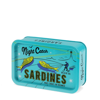 Turquoise mini storage tin with a sardine illustration on the front.