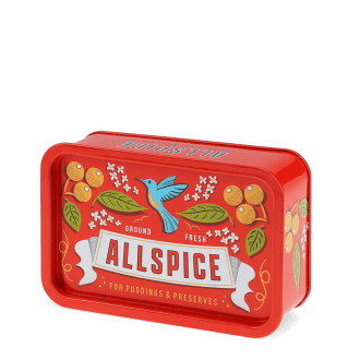 Red mini storage tin with an all spice illustration on the front.