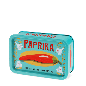 Mini storage tin with paprika illustration on the front.