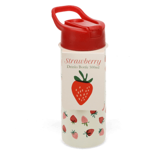Water bottle with red lid, decorated with small red and pink strawberry illustrations.