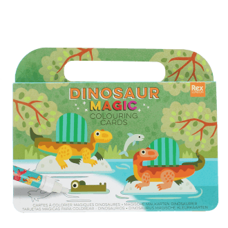 Dinosaur-themed magic colouring card set with illustrated dinosaurs scene on the cover.