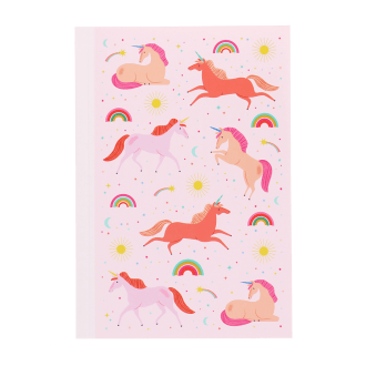 Pink notebook with colourful unicorns, rainbows, stars, and suns on the cover.