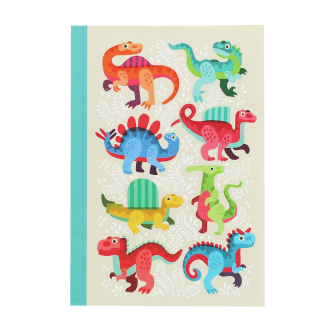Notebook with colourful dinosaurs on a light background.
