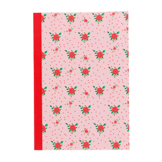 Pink notebook with a french rose design on the cover.
