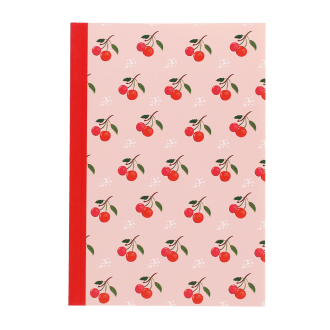 Pink notebook with cherry design on the cover.