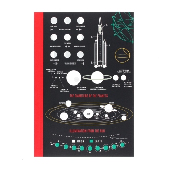 Notebook with space‑themed diagrams, including moon phases, planets, and a rocket on the cover.