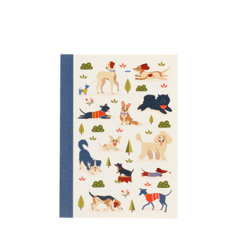 A6 notebook with illustrated dogs in a park scene on the cover.