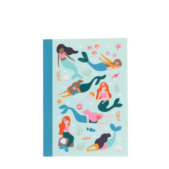 A6 notebook with illustrated mermaids, sea creatures, and shells on a light aqua cover.