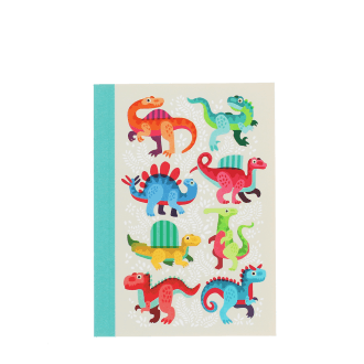 A6 Notebook with colourful dinosaurs on a light background.