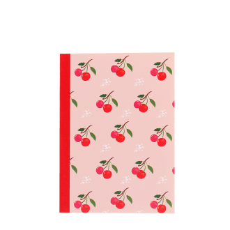 Pink A6 notebook with cherry design on the cover.