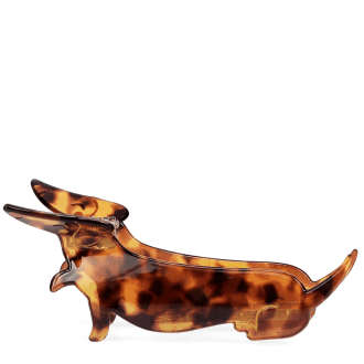 Hair claw clip featuring an adorable sausage dog design in translucent brown, with a marbled effect. 
