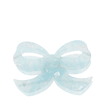 Hair claw clip featuring a pretty bow design in blue, with hints of marbling and translucence.