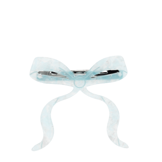 Hair clip featuring a pretty bow design in blue, with hints of marbling and translucence. 