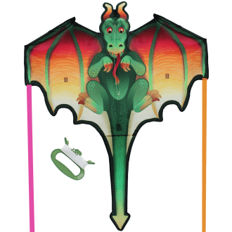 Giant dragon‑shaped kite with colourful wings and a long tail, shown with its green handle and flying line.