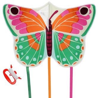 Colourful butterfly‑shaped kite with long trailing ribbons and a red handle with flying line.