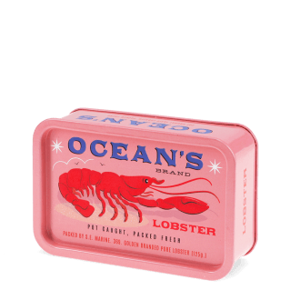 Pink mini storage tin with an illustrated lobster on the front.
