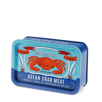 Blue mini storage tin with an illustrated crab on the front.