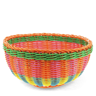 Round woven basket made of brightly coloured plastic.