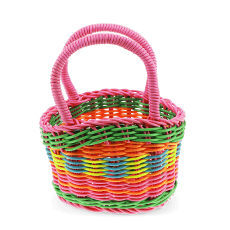 A small woven plastic basket with a pink handle and multicoloured striped body