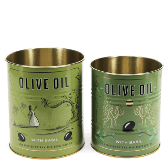 Two green olive oil storage tins, featuring illustrated trees and olives.