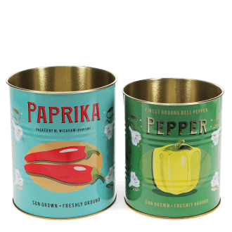 Two storage tins labelled Paprika and Pepper, with red and yellow pepper illustrations.