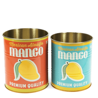 Two mango-themed storage tins, one orange and one blue, each with a mango illustration.