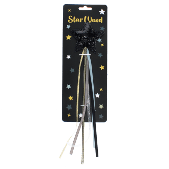 Black glitter star wand with long ribbons on star-patterned cardboard backing.