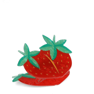 Hair claw clip featuring a sweet strawberry design in red, green and gold, with hints of marbling and translucence. 
