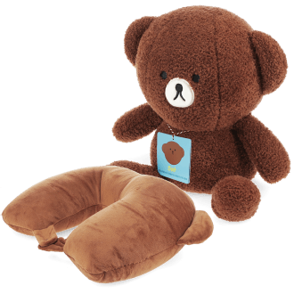 Brown plush teddy bear travel toy with a fold‑out neck pillow, shown sitting upright.